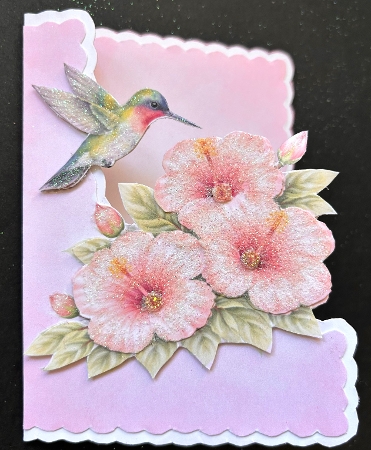 Hummingbird & Pink Hibiscus Card Front – Floral Bouquet, Soft Pink Background by Jan Salisbury