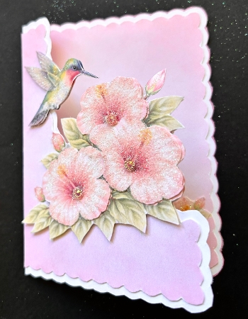 Hummingbird & Pink Hibiscus Card Front – Floral Bouquet, Soft Pink Background by Jan Salisbury