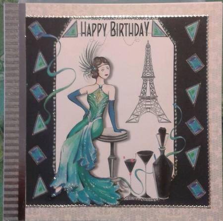 Art deco female birthday card with cocktails and Eiffel Tower 6 x 6 card topper by Jane Appleton-Lowles