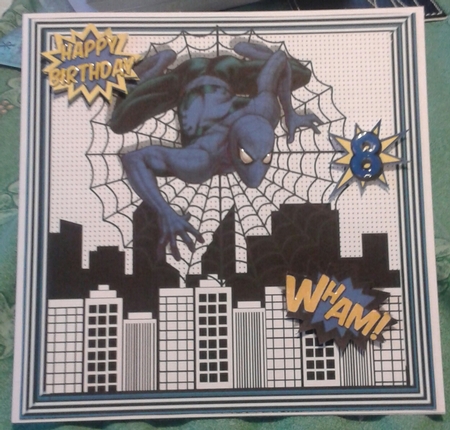 Spider Web  Hero in blue in the city 8x8 by Jane Appleton-Lowles