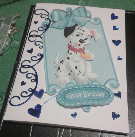 lovely black and white spotty dalmation with blue bow card front and insert  by Jane Appleton-Lowles
