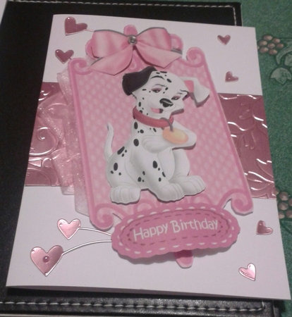 lovely black and white spotty dalmation with pink bow card front and insert by Jane Appleton-Lowles