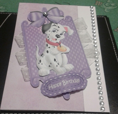 lovely black and white spotty dalmation with purple bow card front and insert by Jane Appleton-Lowles