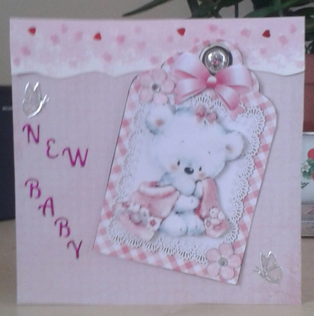 Little white teddy cuddling blanket on lace pink gingham  tag by Jane Appleton-Lowles