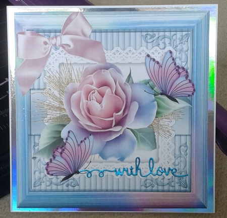  beautiful pink roses with satin bow & butterflies in rainbow frame 8x8 by Jane Appleton-Lowles