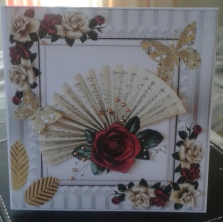 Beautiful Script Fan with red roses & butterflies 8x8 by Jane Appleton-Lowles