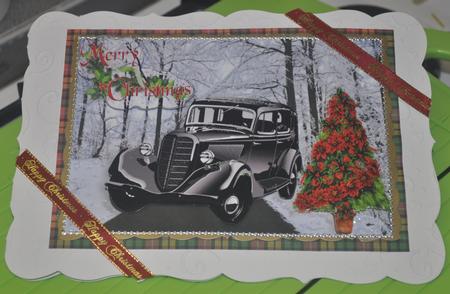 Merry Christmas with Vintage Car and Poinsettias A4 by Jane Appleton-Lowles