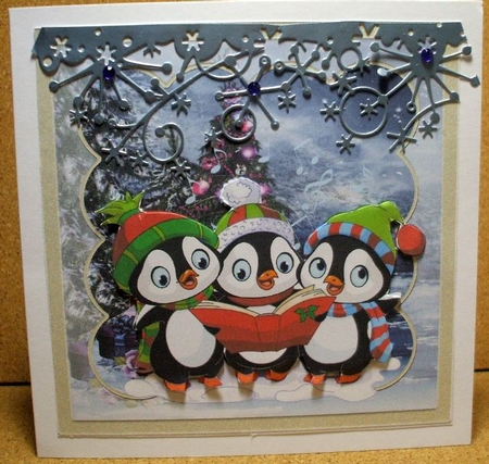 Penguins sing carols 7x7 card with large topper by Jane Halton