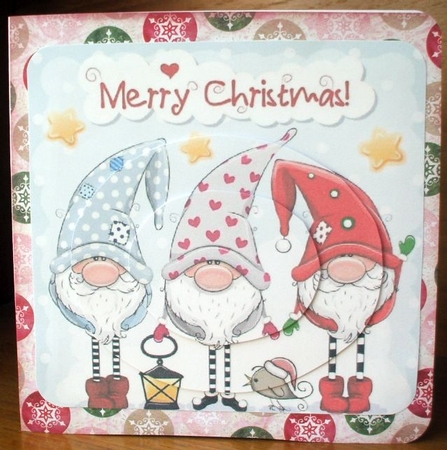 Trio of santas elves with bow and oval pyramids (blue) by Jane Halton