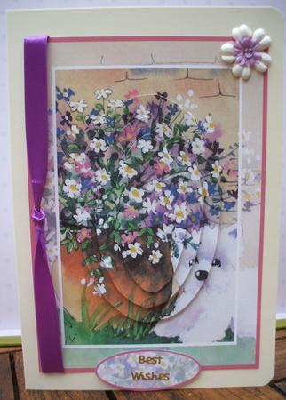 Westie Hiding in the Flowers Card Front with Pyramid by Jane Halton