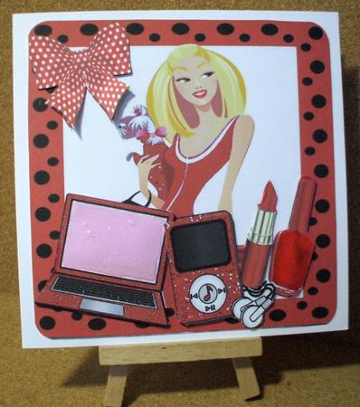 Trendy Lady in Red with Her Laptop & Makeup 8x8 Mini Kit by Jane Halton