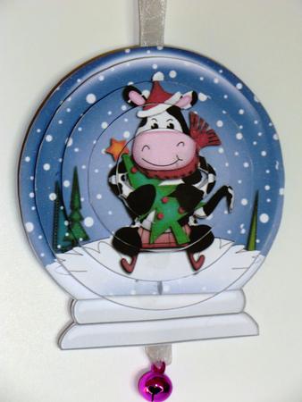 3D Xmas Milly Moo Cow Snow Globe Shaped Tree Decoration by Jane Hamilton