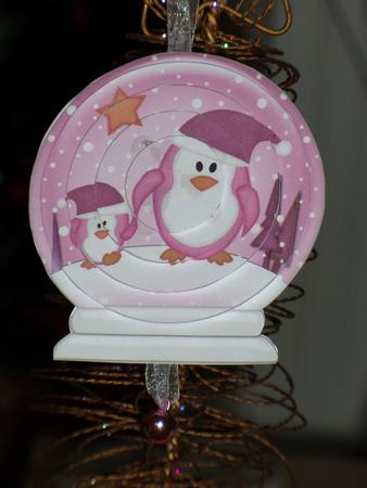 3D Xmas Penguins Snow Globe Shaped Tree Decoration by Jane Hamilton