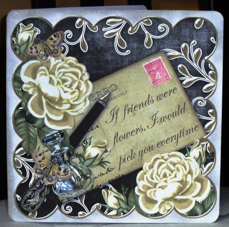 Cream Roses Black If Friends 8in Scallop Decoupage Topper by Jane Hamilton