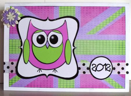 Cute Owl Gb Decoupage Card - Lime & Pink by Jane Hamilton