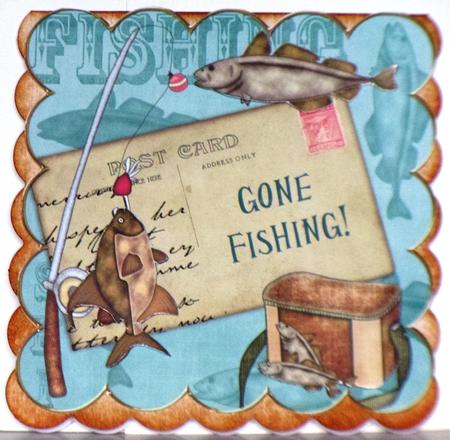 Teal Gone Fishing 8in Decoupage Topper by Jane Hamilton