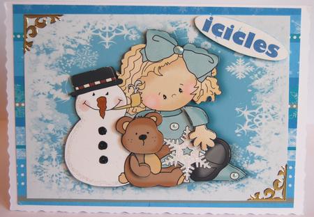Little Girl with Her Teddy and Snowman by Jane Wells