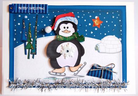 A4 Xmas Skating Penguin Felties Card Topper by Jane Wells