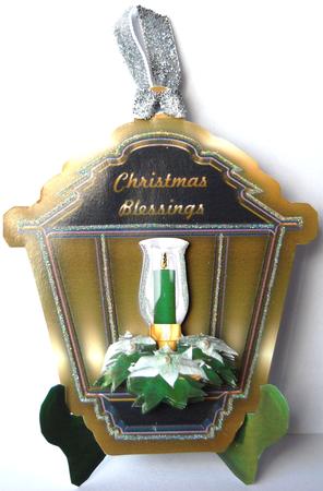 Lantern Shaped Plate Card and Stand with Green Candle by Jane Wells