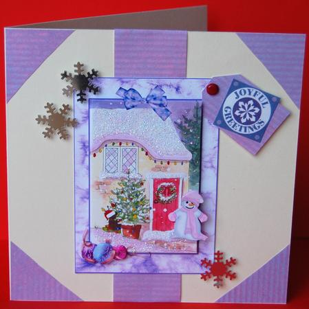 Christmas Cottage with Snowman Step by Step Decoupage Card by Jane Wells
