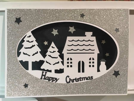 Christmas Scene Oval Aperure Card and Backing Paper by Jane Amber