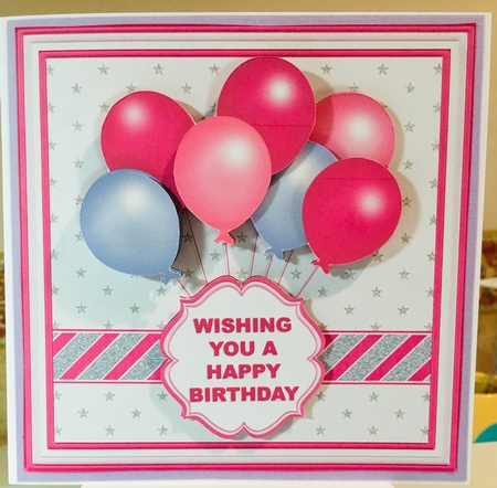PINK & SILVER BIRTHDAY BALLOONS & AGES 7.5 Decoupage & Insert by Jane Amber