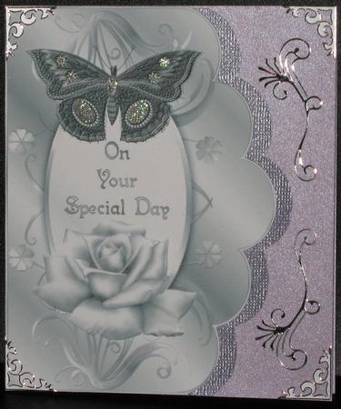 Special Day Silver Rose and Butterfly Scalloped Edge Card by Janet Beggs