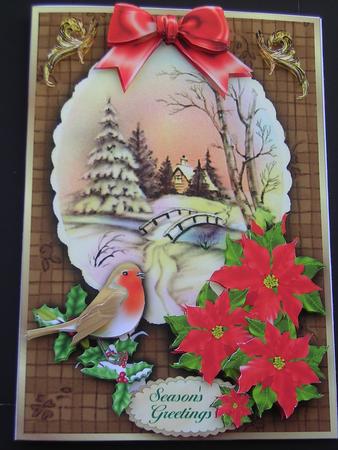 Vintage Village, Robin & Poinsettias -card Front & Decoupage by Janet Broughton
