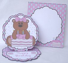Female Birthday Bear Pretty Edge Easel Card by Janet Maureen Harvey