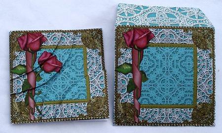 Teal Pink Rose Lace Card Envelope Duo Corner Stacker Aio by Janet Maureen Harvey