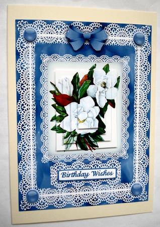 Camelias 'n Lace in Blue Pyramid Card Front by Janet Maureen Harvey