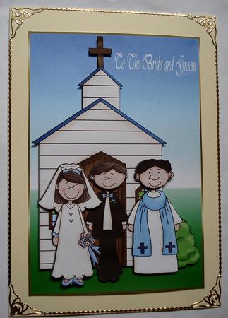 Bride and Groom with Priest at the Church by Janet Maureen Harvey