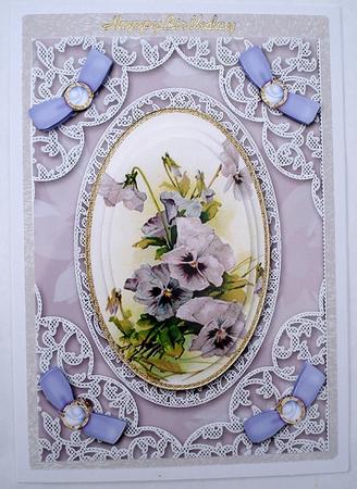 Pansies A5 Oval Lace Card Front Step by Step by Janet Maureen Harvey