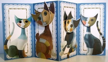 Cats with Nodding Heads Blue Diamond Fold Card Sheet by Janet Maureen Harvey