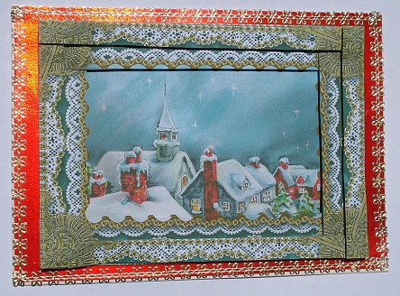 Christmas Rooftops Spiral Edge Stacker 7x5in Card Front by Janet Maureen Harvey