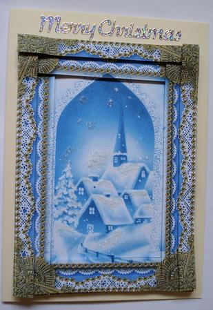 Blue Christmas Village Spiral Edge Stacker 7x5in Card Front by Janet Maureen Harvey