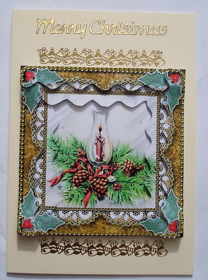 Christmas Candle Lantern 2 Spiral Wavy Edge Card Front by Janet Maureen Harvey