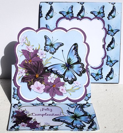 Scalloped Easel Card - Blue Butterflies (with Spanish) by Janet Maureen Harvey
