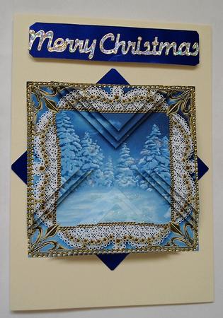 Blue Christmas Trees Vintage Lace Mini 4in Triangle Stacker by Janet Maureen Harvey