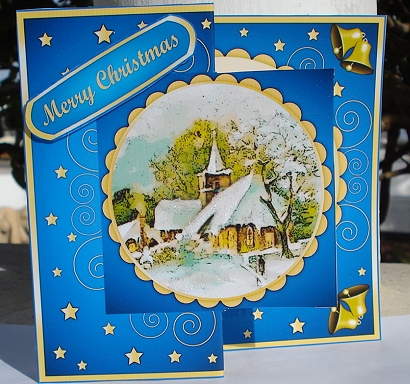 Christmas Church Fold Back in Blue by Janet Maureen Harvey