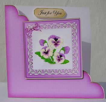 Pansy on Butterfly Lace Cut and Fold Corner Card by Janet Maureen Harvey