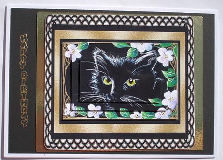Black Cat and Apple Blossom Step by Step Pyramid Card by Janet Maureen Harvey
