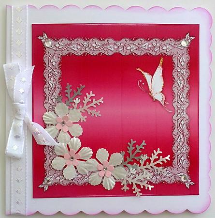 Butterflies and Lace Square Card Front in Raspberry by Janet Savage
