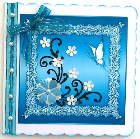 Butterflies and Lace Square Card Front in Turquoise by Janet Savage