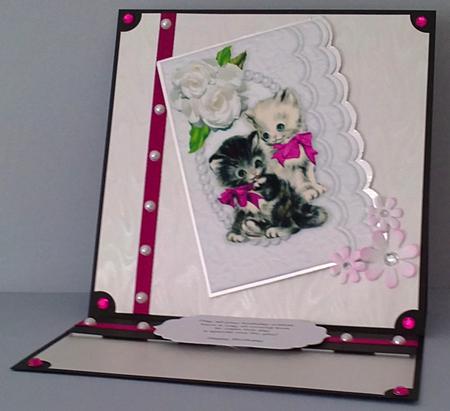 Cute Little Kitties with Pink Bows in Pearl Frame A4 by Janet Savage