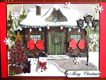 Christmas Scene with Tree and Snowman by Janette Ellison