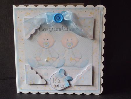 Congratulations It's Twins Blue Babys Card Front & Insert by Jan Fisher