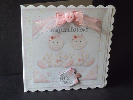 Congratulations It's Twins Pink Babys Card Front & Insert by Jan Fisher