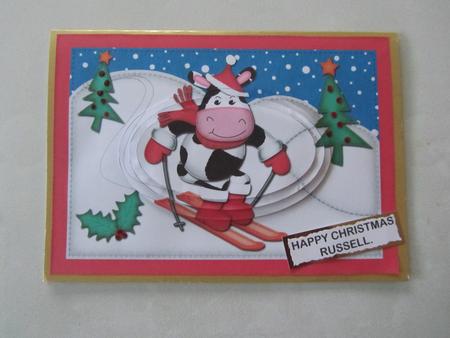 A5 Xmas Skiing Milly Moo Cow Oval Pyramage Topper by Janice Saunders