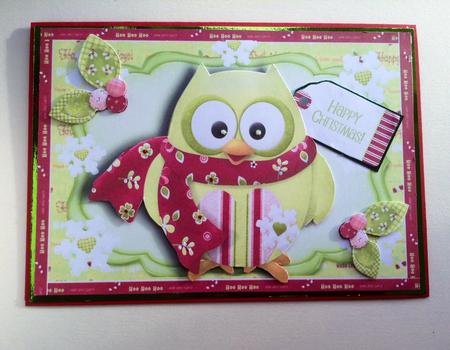 Cute Green Owl with Floral Scarf by Janice Saunders